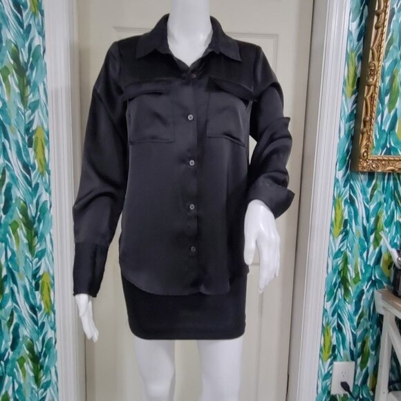 Derek Lam 10 Black Long-Sleeve Button-Up Blouse With Chest Pockets S - Picture 8 of 16